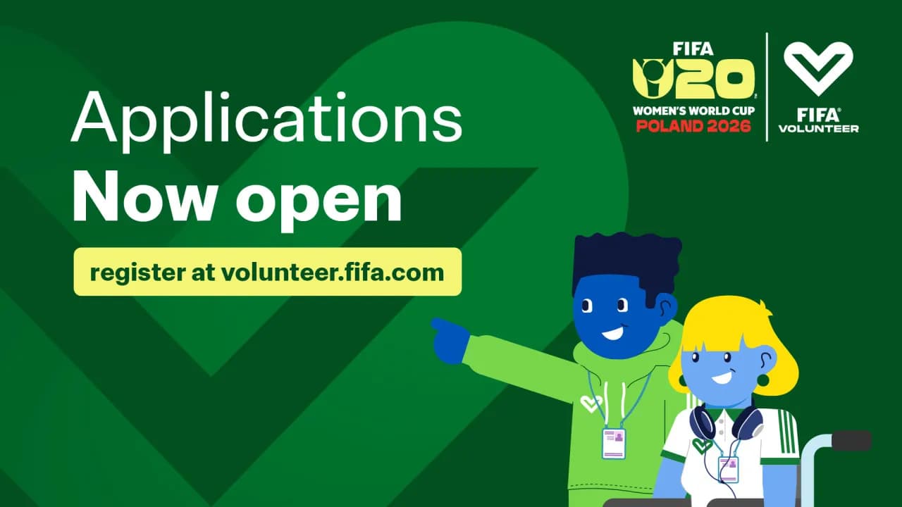 An advertisement for FIFA U20 Women's World Cup Poland 2026 volunteers, showing two diverse cartoon volunteers on a green background with white text 'Applications Now Open register at volunteer.fifa.com'.